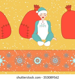 Simple colorful seamless Pattern for printing onto fabric. Holiday wallpaper. Vector Illustration of a cute little kid. Christmas background.