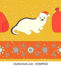 Simple colorful seamless Pattern for printing onto fabric. Animal wallpaper. Vector Illustration of a cute little ferret. Christmas background.