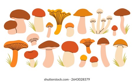 Simple colorful set of hand drawn mushrooms in orange, brown, and beige tones. Different shape and size mushrooms, giving a cozy and fun fall forest feel. Flat design for card, pattern, banner