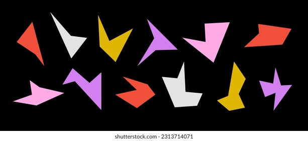 Simple colorful sharp irregular shapes set. Abstract geometric acute elements collection. Asymmetry angular forms for banners, collages, posters, stickers. Vector design bundle on dark background. 