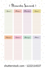 Simple Colorful Spanish Weekly Planner. Printable Vector Schedule. White Background. 8 Columns. Each Day in Different Bright Pastel Colors. Delicate Personal Daily Planner.