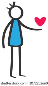 Simple colorful stick figure man giving red heart, declaration of love, dating, Valentine's Day isolated on white background
