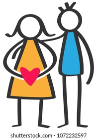 Simple colorful stick figures happy couple, man, pregnant woman with red heart isolated on white background
