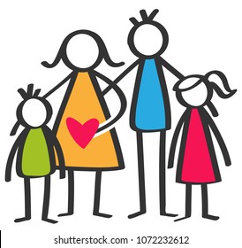 Simple colorful stick figures happy family, mother, father, son, daughter, children isolated on white background with red heart