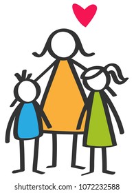 Simple colorful stick figures single parent, mother, son, daughter, children isolated on white background