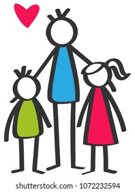 Simple colorful stick figures single parent, father, son, daughter, children isolated on white background with red heart