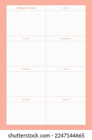Un sencillo y colorido planificador semanal. Ilustración de la plantilla de documento de planificador de calendarios, agenda, agenda, agenda, plan de calendario.