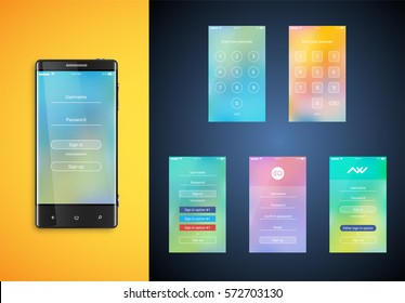 Simples e colorido UI suface set para smartphones - tela de login, ilustração vetorial
