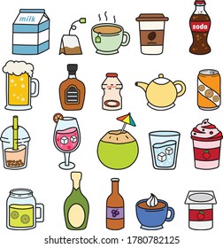 Simple Colorful Various drinks doodle Set vector