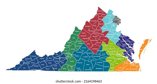 Simple Colorful vector administration map of the State of Virginia, USA