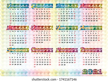 Simple colorful vector calendar of 2021 year. Size A4. American version. EPS 10