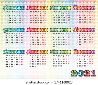Simple colorful vector calendar of 2021 year. EPS 10