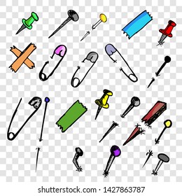 Simple colorful vector doodle Breastpin, push pin,  nail and needle at transparent effect background
