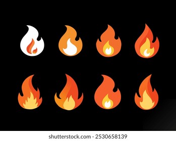 Iconos coloridos simples de la llama o del fuego del Vector fijados estilo plano de los iconos del fuego en el fondo negro. infierno, fuego, ardiente, infierno, llama, explosión, combustible, quemadura, calor, advertencia, concepto peligroso etc.	