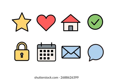 Simple colorful vector icon set including star, heart, home, and calendar