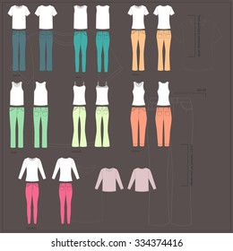 Simple colorful vector illustration. Big set of different white T-shirts in front and back views with basic types of women`s jeans.