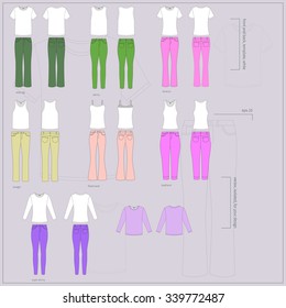 Simple colorful vector illustration. Big set of different white T-shirts in front and back views with basic types of women`s jeans.