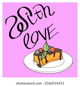 Simple Colorful Vector Illustration Cake on Pink Background with Hand Lettering