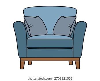 Una Ilustración vectorial simple y colorida que representa un sillón azul acogedor y lujoso con dos cojines de acento gris a juego, perfecto para conceptos de sala de estar o diseño de interiores.