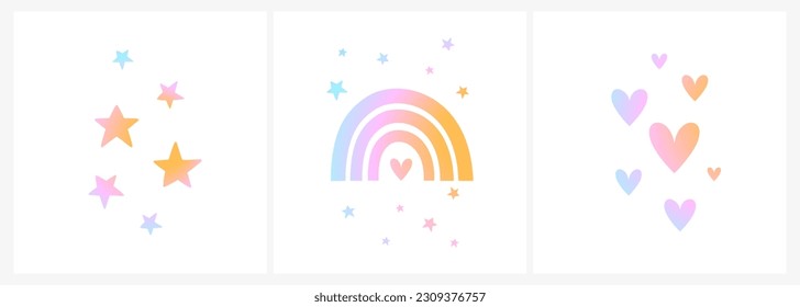 Simple Colorful Vector Illustration with Rainbow, Stars and Hearts. Lovely Nursery Art with Pastel RGB Color Doodles Isolated on a White Background.Funny Infantile Style Print ideal for Wall Art,Card.