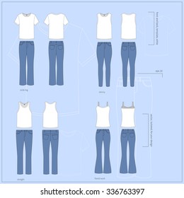 Simple colorful vector illustration. Set of different white T-shirts in front and back views with basic types of women`s jeans.