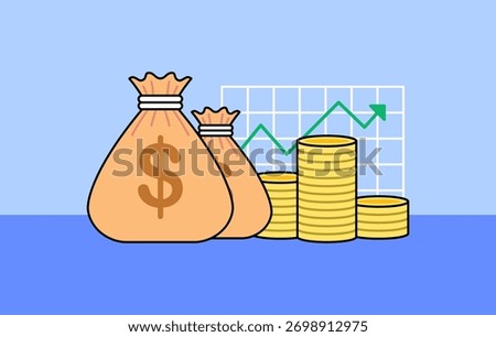 Simple and colorful vector illustration showing money bags, gold coins, and a growing chart line. perfect for finance, investment, savings, business success, and economic growth themes