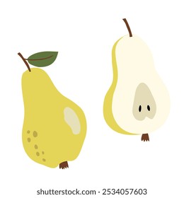 Simple and colorful vector illustration of a whole and half-sliced pear. The minimalist design features soft, organic shapes with a flat color palette, perfect for food-themed graphics, packaging, or 