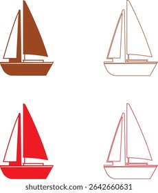Simple and colorful vector illustrations of sailboats in four variations: solid brown, brown outline, solid red, and red outline. Perfect for nautical themes, travel, or children's designs.
