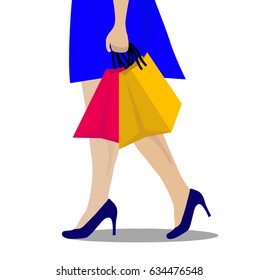 A simple colorful vector lady with paper bags shopping. On white background.