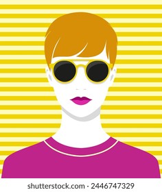 Simple retrato de Vector colorido de hermosa mujer joven con labios rosas completos y cabello dorado corto, usando gafas de sol amarillas de moda contra fondo a rayas