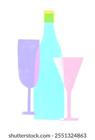 Simple Colorful Vector Print with Botttle of Wine and Cocktail and Wine Glasses. Funny Prints with Bottle and Drinks Hand Drawn on a White Background. Naive Drawing-like Modern Art with Alkohol. RGB.