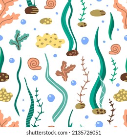 Simple colorful vector seamless pattern. Corals, seaweed, pebbles, shell on a white background. Underwater world, nature. For fabric prints, textile products, wallpapers.