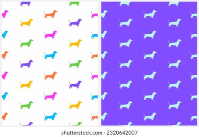 Simple Colorful Vector Seamless Patterns with Dachshund. Silhouette of Dachshund isolated on a White and Violet Background. Side View of Dog. RGB Colors. Cool Print for Dog Lovers ideal for Fabric.