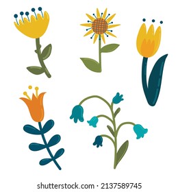Simple colorful vector set flower in flat style. Spring mood for your designs. Will be a decoration for cards, stickers, invitations, greetings, packaging and more.