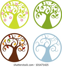 simple colorful vector set of trees in four seasons, labels with natural icons