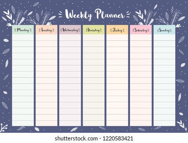 Simple Colorful Weekly Planner. Printable Floral Vector Schedule. Dark Blue Background. 7 Columns. Each Day in Different Bright Pastel Colors. Delicate Personal Daily Planner.