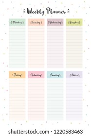 Simple Colorful Weekly Planner. Printable Vector Schedule. White Background. 8 Columns. Each Day in Different Bright Pastel Colors. Delicate Personal Daily Planner.