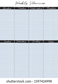 Simple Colorful Weekly Planner. Printable Vector Schedule with White Tiny Hand Drawn Grid on a Light Blue Background. 8 Columns. Each Day of The Week and Notes Column. Simple Personal Daily Planner.