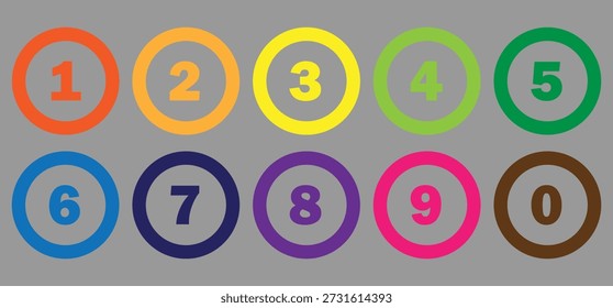 einfache Färbung und schwarze Zahlen Symbol mit Färbung Umrisskreis. von 0 bis 9. Vektorgrafik