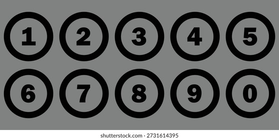 Icono de números de color simple y negro con círculo de contorno para colorear. de 0 a 9. Ilustración vectorial