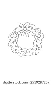 Simple coloring book, Christmas wreath, mistletoe, new year black and white, line drawing on white background.