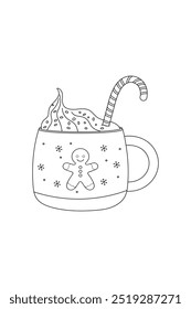 Simple coloring book, cocoa marshmallow, new year Christmas black and white, line drawing on white background.
