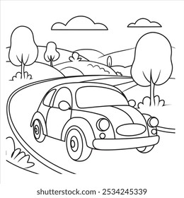 A simple coloring book illustration of a car driving on a curvy road.