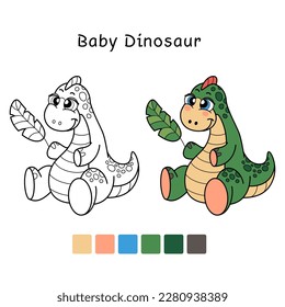 Libro simple de colorear para niños lindos dinosaurios con ejemplo de colorido. Juego educativo para niños pequeños.