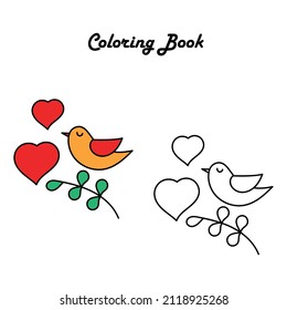 Simple coloring book for kids. Education game. Vector illustration, Bird and Heart