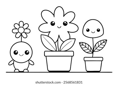 Simple Coloring Book for Kids with Kawaii Flower Vector lineart

