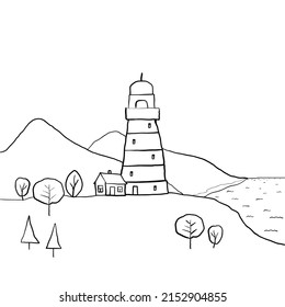 Simple coloring book for kids mountains and lighthouse.