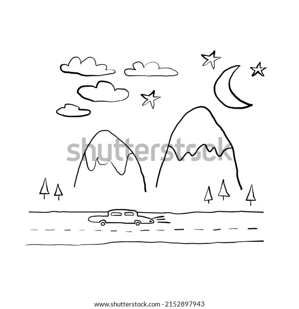 Simple\
coloring book for kids mountains and\
forest.