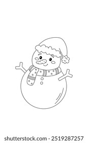 Simple coloring book, snowman, new year black and white, line drawing on white background.