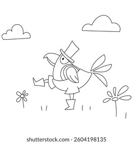 Simple coloring for children. A large bird in pants and boots looks and walks with large steps.
